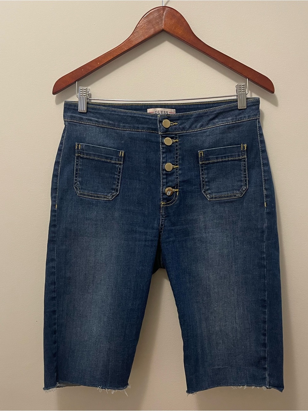 Guess Dark Blue Button-Front Denim Bermuda Shorts